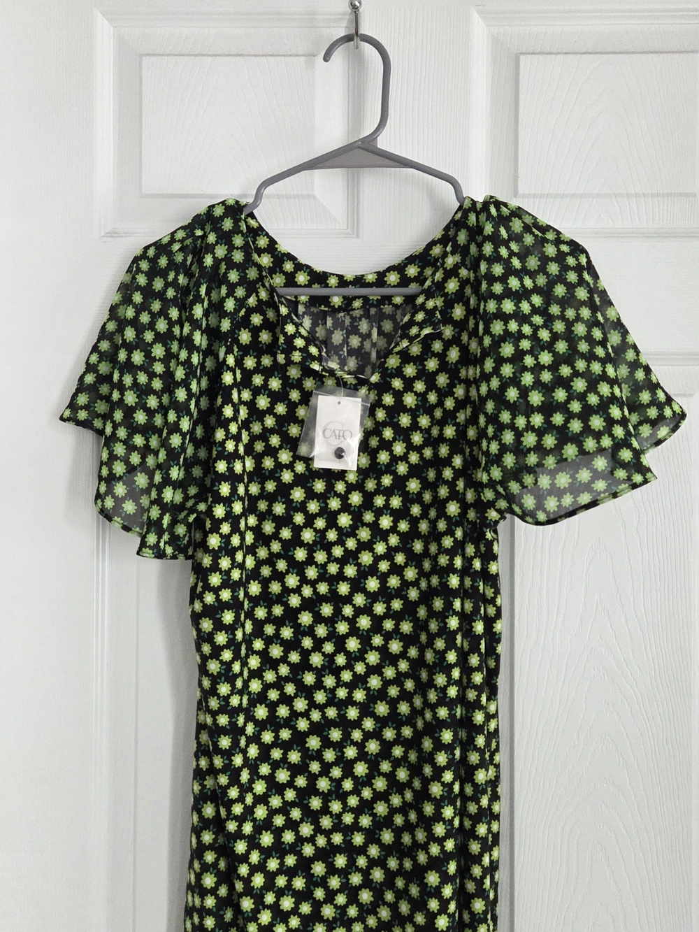 Cato Black Blouse with Neon Green Daisy Pattern and Flutter Sleeves